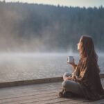 woman, morning, lake