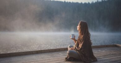woman, morning, lake