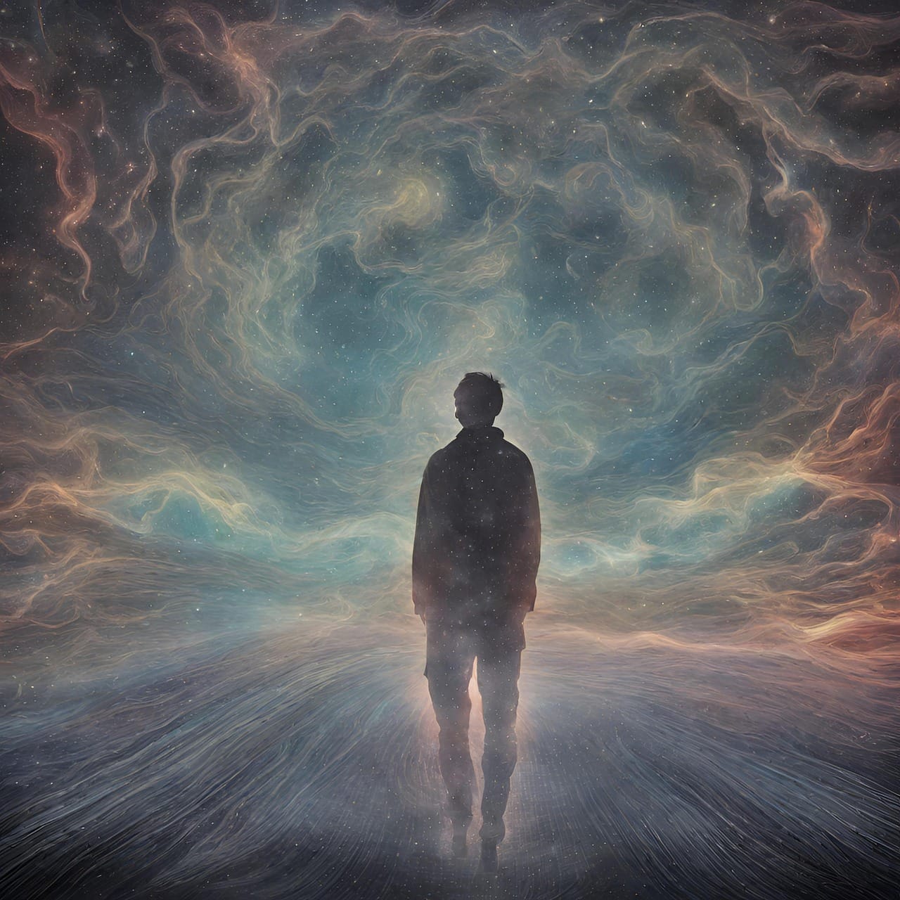 ai generated, man, silhouette, afterlife, tunnel, light, spiritual, realm, dimension, psychic, portal, transition, near death experience