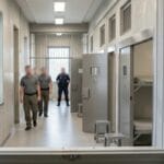 Prison hallway with open cell doors, barred window, and four inmates walking toward the camera.