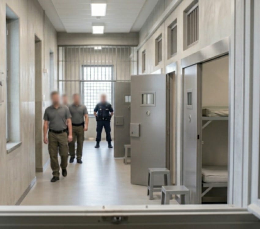 Prison hallway with open cell doors, barred window, and four inmates walking toward the camera.