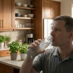 Man drinks water from a plastic bottle at a bright wooden kitchen with plants on the island.