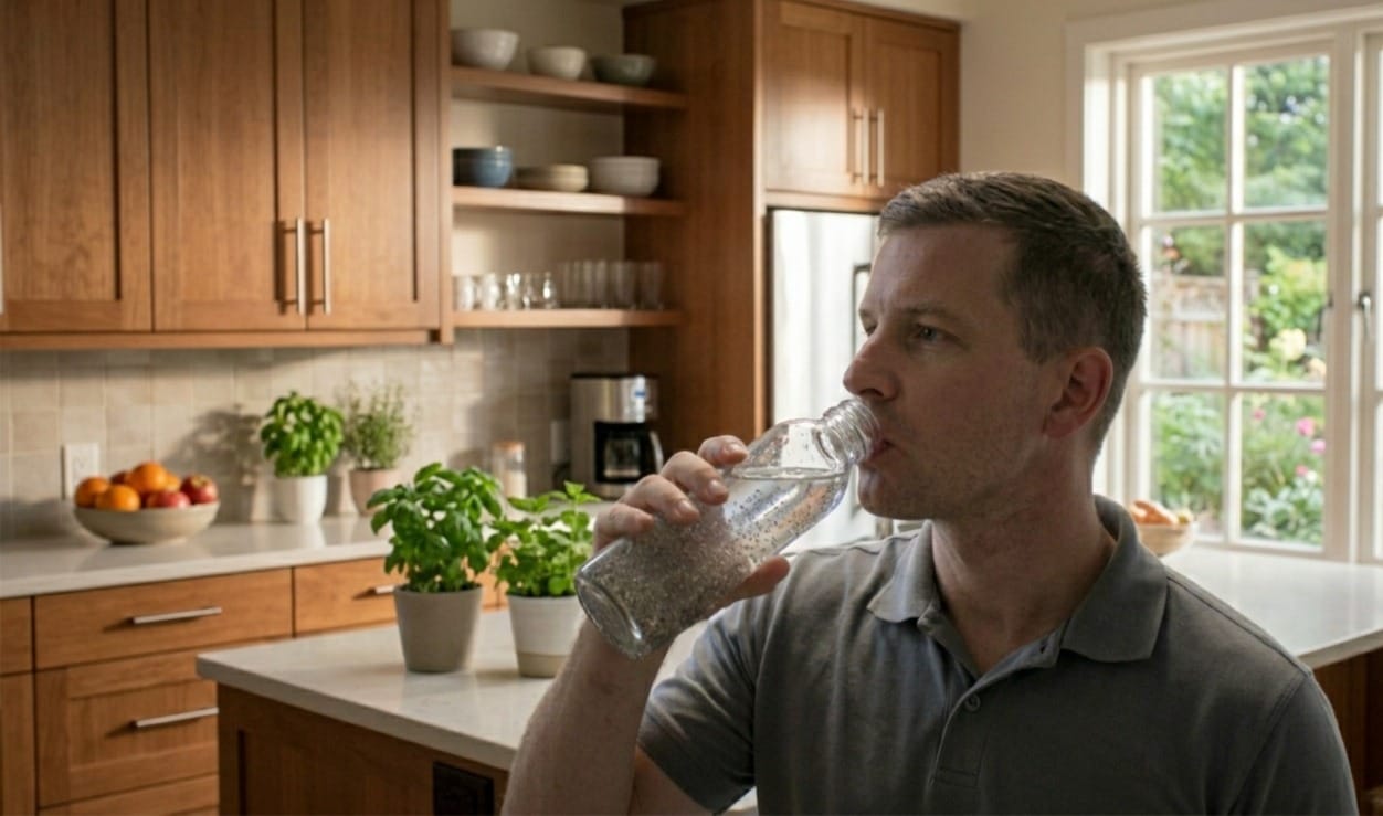 Man drinks water from a plastic bottle at a bright wooden kitchen with plants on the island.