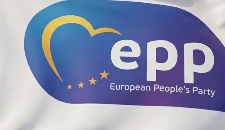 Logo for the European People's Party (EPP): blue rounded banner with a yellow heart-like arc, white 'epp' letters, five stars, and 'European People's Party' text.