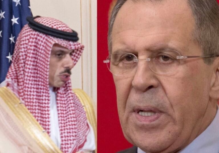 Split-screen image of two men in formal attire: left in a red-and-white checkered keffiyeh with a gold-trim robe in front of an American flag; right in glasses and a suit against a red backdrop.